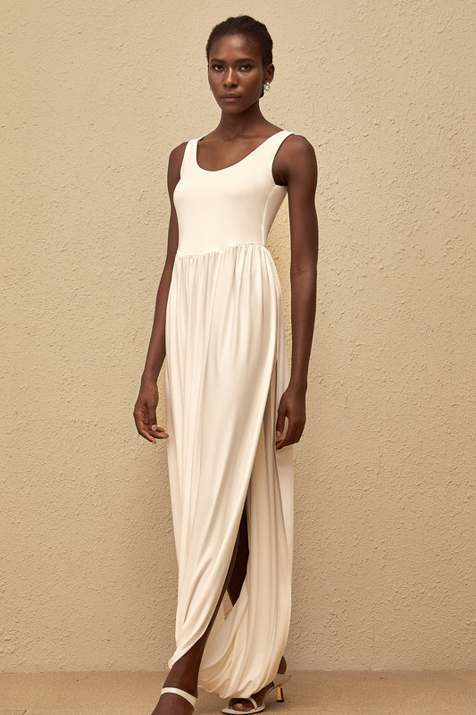 Aurore White Side Slit Pleated Maxi Dress