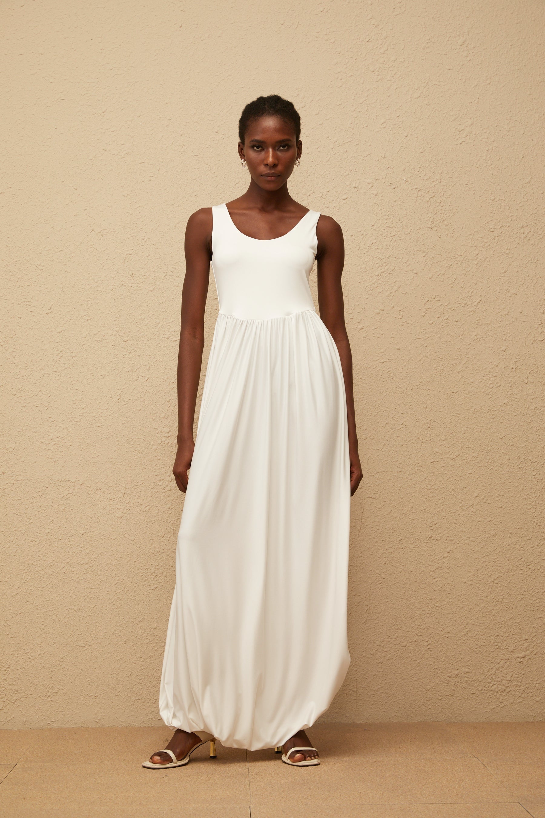 Aurore White Side Slit Pleated Maxi Dress