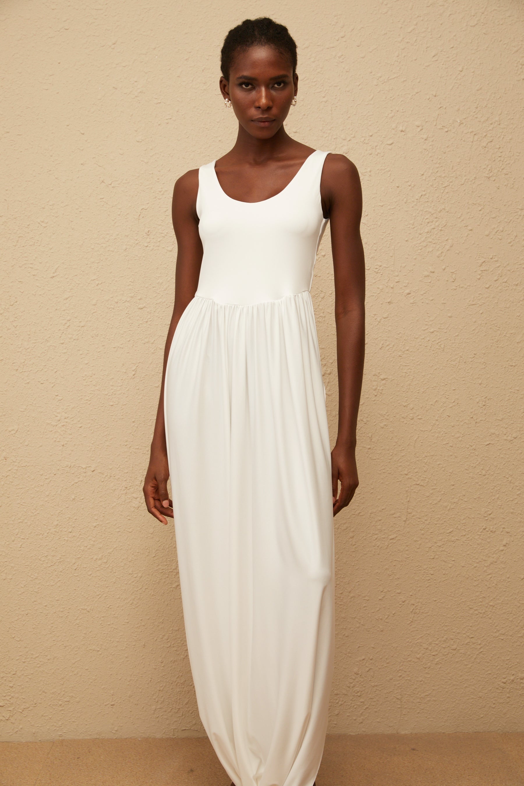 Aurore White Side Slit Pleated Maxi Dress