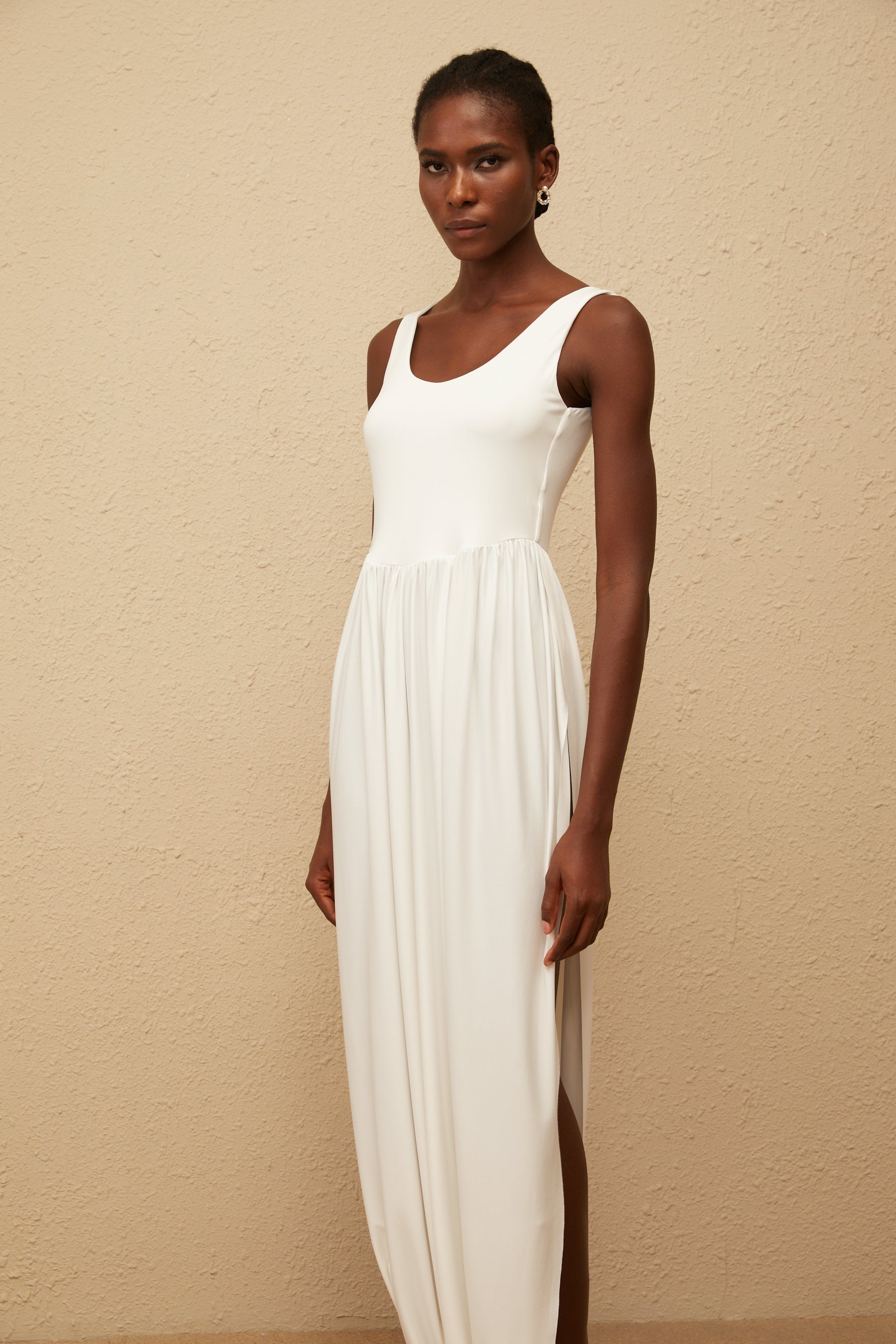 Aurore White Side Slit Pleated Maxi Dress