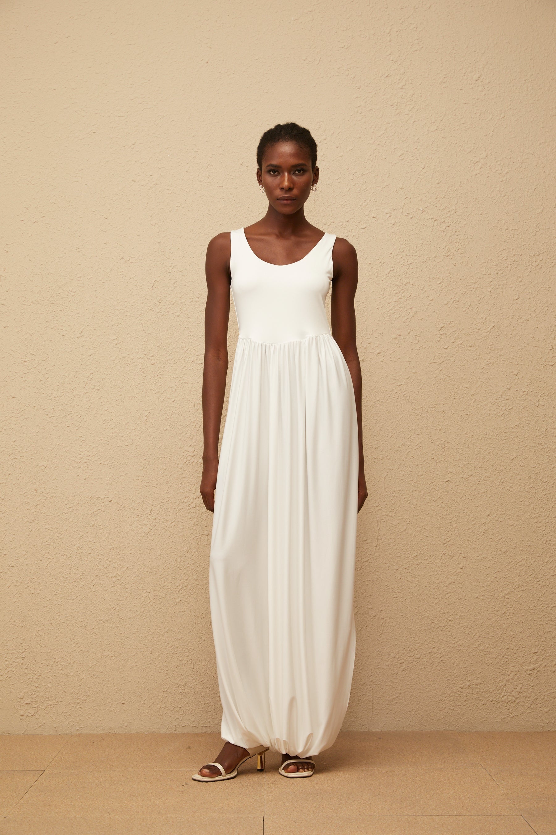 Aurore White Side Slit Pleated Maxi Dress