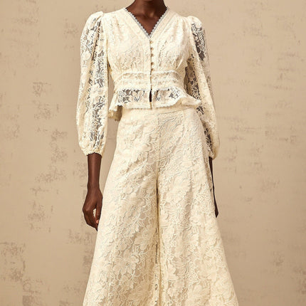 Autumn Neutrals Blouse Trousers Set Lace Peplum High Rise Wide Leg Elegant Sophisticated Chic V-Neck Puff Sleeves Luxurious Terylene Fiber Floral Button Detailing Graceful Refined Style Grace