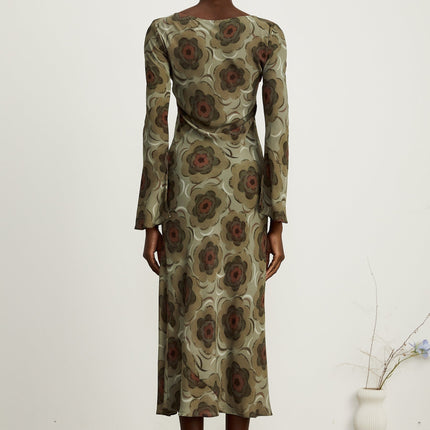 Autumn Green Floral Midi Dress Eco-friendly Bateau Neck Flare Skirt Long Sleeves Stretch Fabric Slip-on Style
