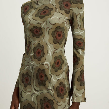 Autumn Green Floral Midi Dress Eco-friendly Bateau Neck Flare Skirt Long Sleeves Slip-on Stretch Fabric Midi Length Terylene Cotton Silk Acetate Fiber