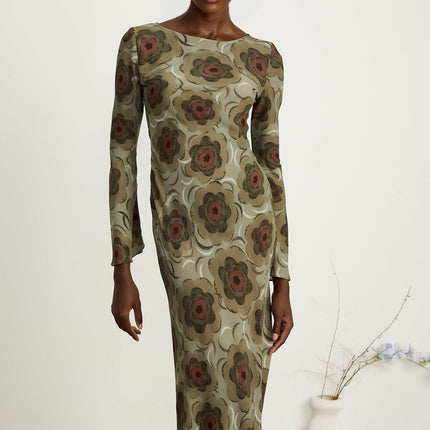 Autumn Green Floral Midi Dress Eco-friendly Bateau Neck Flare Skirt Long Sleeves Stretch Fabric Slip-on Style Elegant Sustainable Chic Versatile Timeless Luxury Collection