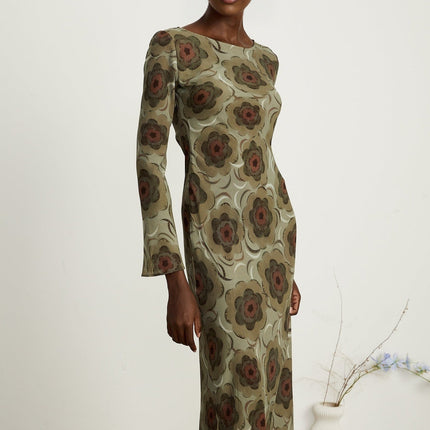 Autumn Green Floral Midi Dress Eco-friendly Bateau Neck Flare Skirt Long Sleeves Stretch Fabric Slip-on Style Midi Length Terylene Cotton Silk Acetate Fiber