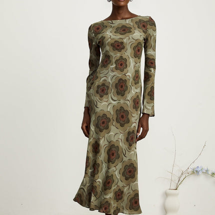 Autumn Green Floral Midi Dress Eco-friendly Bateau Neck Flare Skirt Long Sleeves Stretch Fabric Slip-on Style Midi Length Terylene Cotton Silk Acetate Fiber