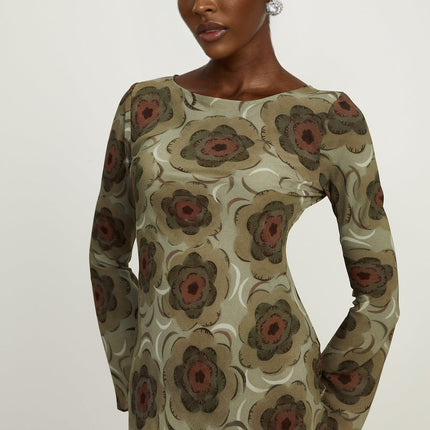 Autumn Green Floral Midi Dress Eco-friendly Bateau Neck Flare Skirt Stretch Fabric Slip-on Style Long Flared Sleeves