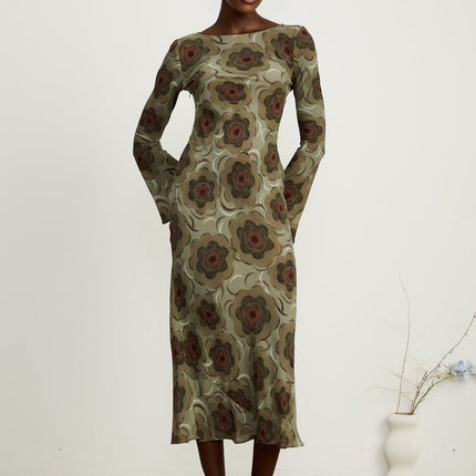 Autumn Green Floral Midi Dress Eco-friendly Bateau Neck Flare Skirt Long Sleeves Stretch Fabric Slip-on Style Elegant Sustainable Chic Sophisticated Comfortable Versatile Timeless Luxurious Terylene Cotton Silk Acetate Fiber Women's Fashion Fall Collection