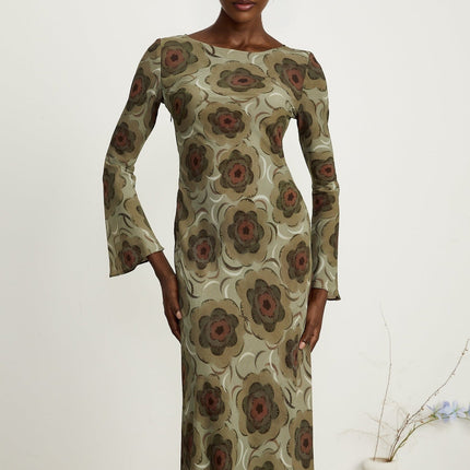 Autumn Green Floral Motif Midi Dress