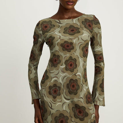 Autumn Green Floral Motif Midi Dress
