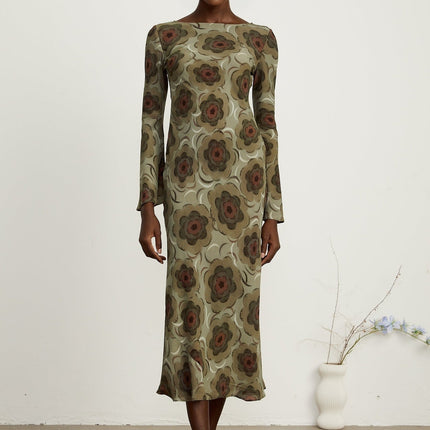 Autumn Green Floral Motif Midi Dress Eco-friendly Bateau Neck Flare Skirt Long Sleeves Stretch Fabric Slip-on Style Elegant Sustainable Chic Versatile Timeless Luxury