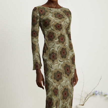 Autumn Green Floral Motif Midi Dress Eco-friendly Bateau Neck Flare Skirt Long Sleeves Slip-on Style Stretch Fabric Midi Length Terylene Cotton Silk Acetate Fiber