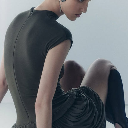 Autumn Grey Peplum Waist Mini Dress with Ruched Detailing and Bubble-Hem Skirt