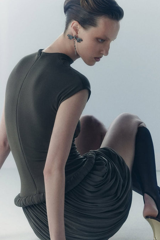 Autumn Grey Peplum Waist Mini Dress with Ruched Detailing and Bubble-Hem Skirt