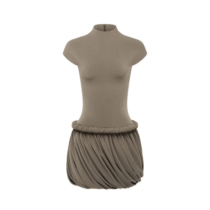 Autumn Grey Peplum Waist Mini Dress with Ruched Detailing and Bubble-Hem Skirt