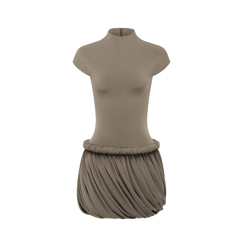 Autumn Grey Peplum Waist Mini Dress with Ruched Detailing and Bubble-Hem Skirt