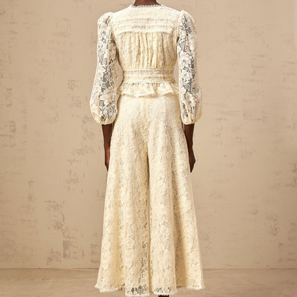 Autumn Neutrals Blouse Trousers Set V-neck Puff Sleeves Floral Lace Peplum Hem Button Detailing High Rise Wide Leg Luxurious Terylene Fiber Refined Style Grace