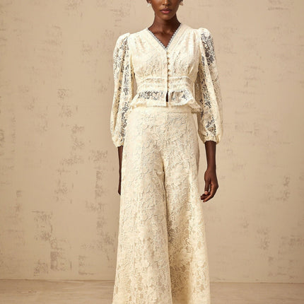 Autumn Neutrals Blouse Trousers Set V-neck Puff Sleeves Lace Peplum Hem High Rise Wide Leg Luxurious Terylene Fiber