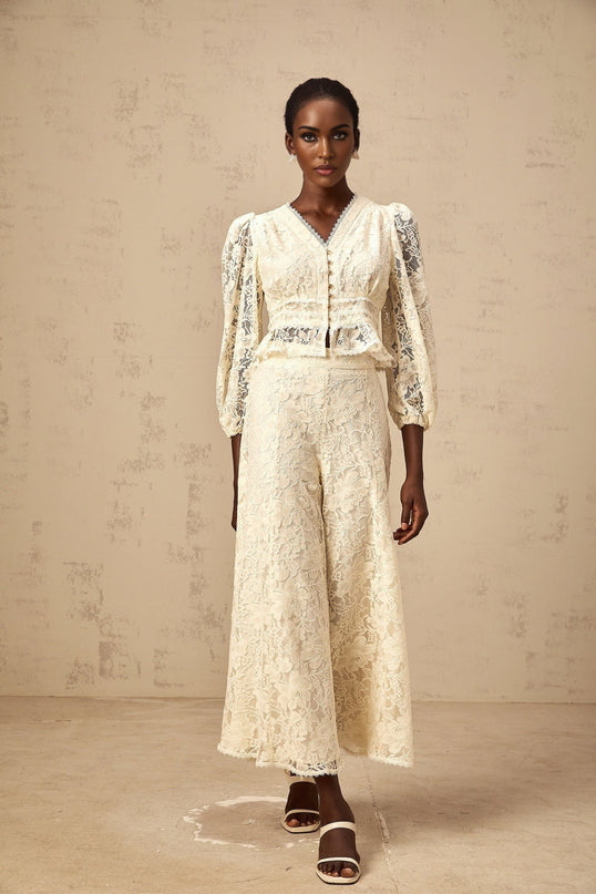 Autumn Neutrals Blouse Trousers Set V-neck Puff Sleeves Lace Peplum Hem High Rise Wide Leg Luxurious Terylene Fiber