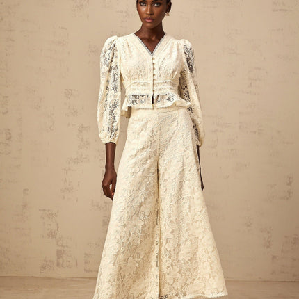 Autumn Neutrals Blouse Trousers Set V-neck Puff Sleeves Floral Lace Peplum Hem High Rise Wide Leg Luxurious Terylene Fiber
