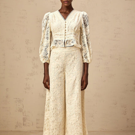Autumn Neutrals Blouse Trousers Set V-neck Puff Sleeves Lace Peplum Hem High Rise Wide Leg Terylene Fiber