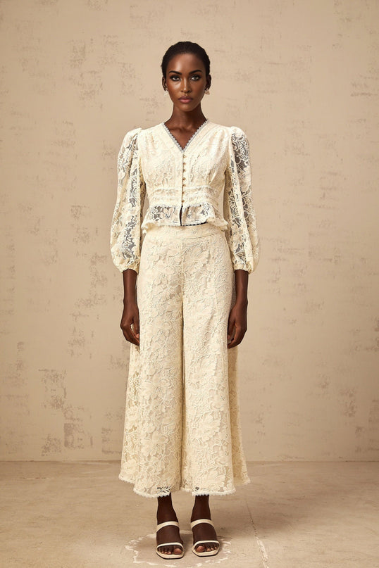 Autumn Neutrals Blouse Trousers Set V-neck Puff Sleeves Lace Peplum Hem High Rise Wide Leg Terylene Fiber
