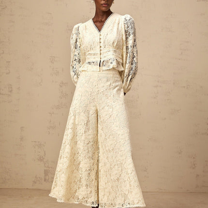 Autumn Neutrals Blouse Trousers Set V-neck Puff Sleeves Lace Peplum Hem Button Detailing High Rise Wide Leg Luxurious Terylene Fiber Elegant Grace