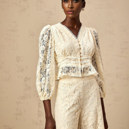 Autumn Neutrals Blouse Trousers Set V-neck Puff Sleeves Floral Lace Peplum Hem Button Detailing High Rise Wide Leg Luxurious Terylene Fiber Refined Style Grace