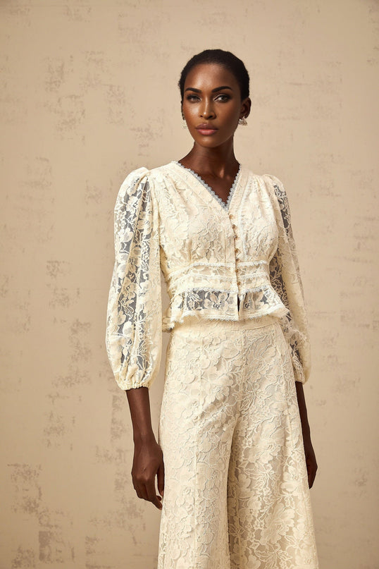 Autumn Neutrals Blouse Trousers Set V-neck Puff Sleeves Floral Lace Peplum Hem Button Detailing High Rise Wide Leg Luxurious Terylene Fiber Refined Style Grace