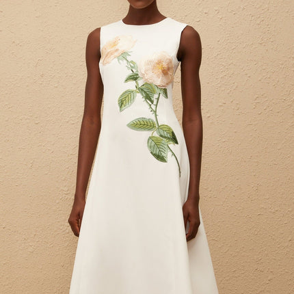 Autumn White Floral Embroidered Midi Dress