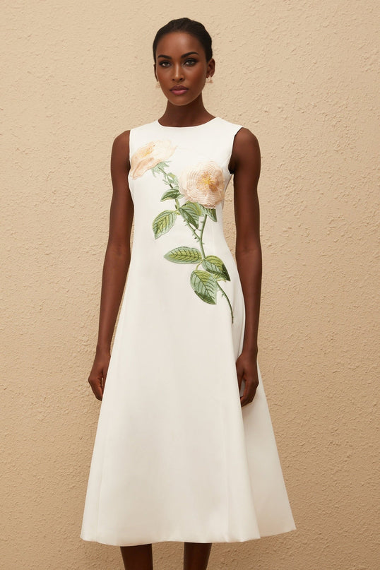 Autumn White Floral Embroidered Midi Dress