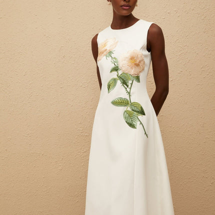 Autumn White Floral Embroidered Midi Dress