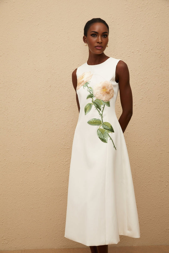 Autumn White Floral Embroidered Midi Dress