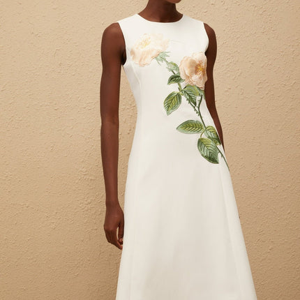 Autumn White Floral Embroidered Midi Dress