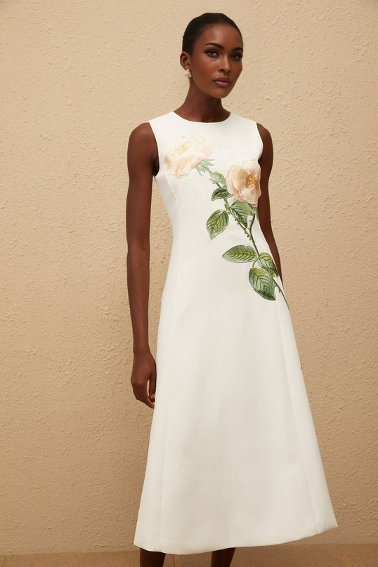 Autumn White Floral Embroidered Midi Dress