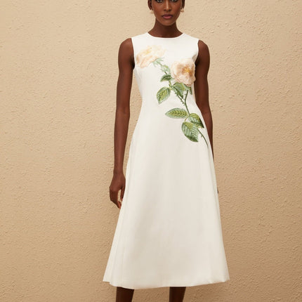Autumn White Floral Embroidered Midi Dress
