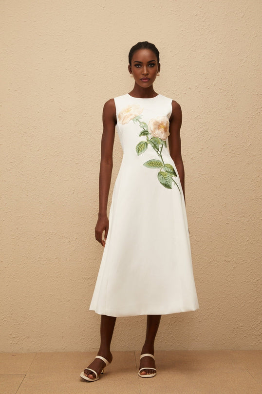 Autumn White Floral Embroidered Midi Dress