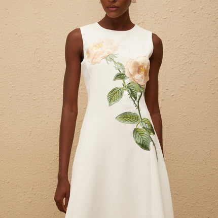 Autumn White Floral Embroidered Midi Dress