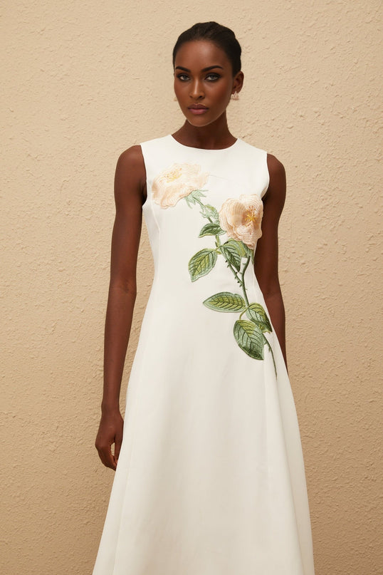 Autumn White Floral Embroidered Midi Dress