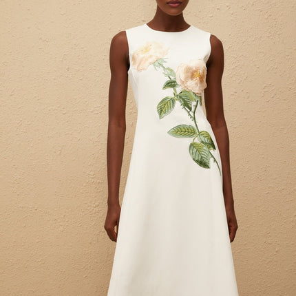 Autumn White Floral Embroidered Midi Dress