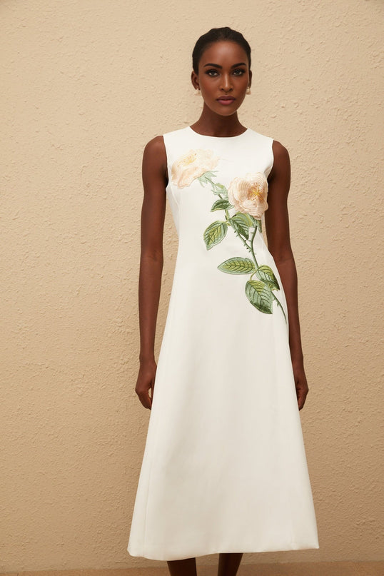 Autumn White Floral Embroidered Midi Dress