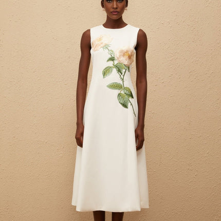 Autumn White Floral Embroidered Midi Dress