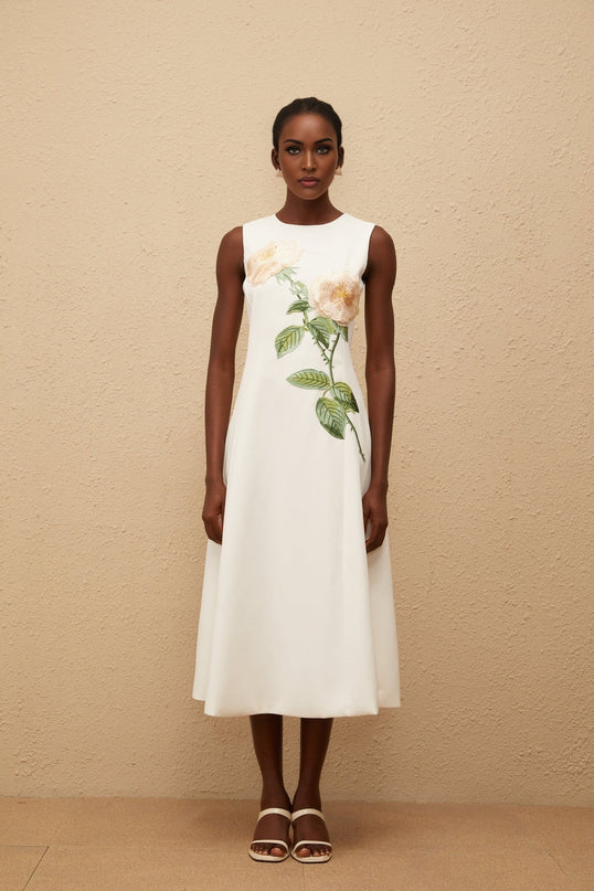 Autumn White Floral Embroidered Midi Dress