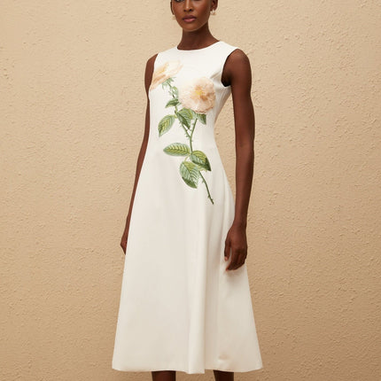Autumn White Floral Embroidered Midi Dress
