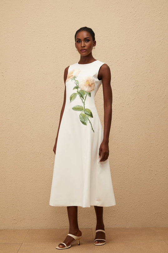 Autumn White Floral Embroidered Midi Dress