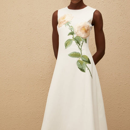 Autumn White Floral Embroidery Midi Dress
