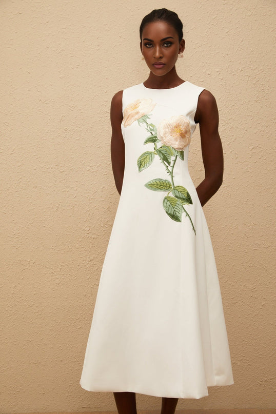 Autumn White Floral Embroidery Midi Dress
