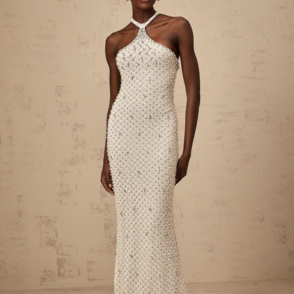 Autumn White Halterneck Maxi Dress with Crystal and Faux-Pearl Embellishments