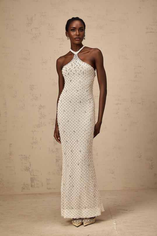 Autumn White Halterneck Maxi Dress with Crystal and Faux-Pearl Embellishments